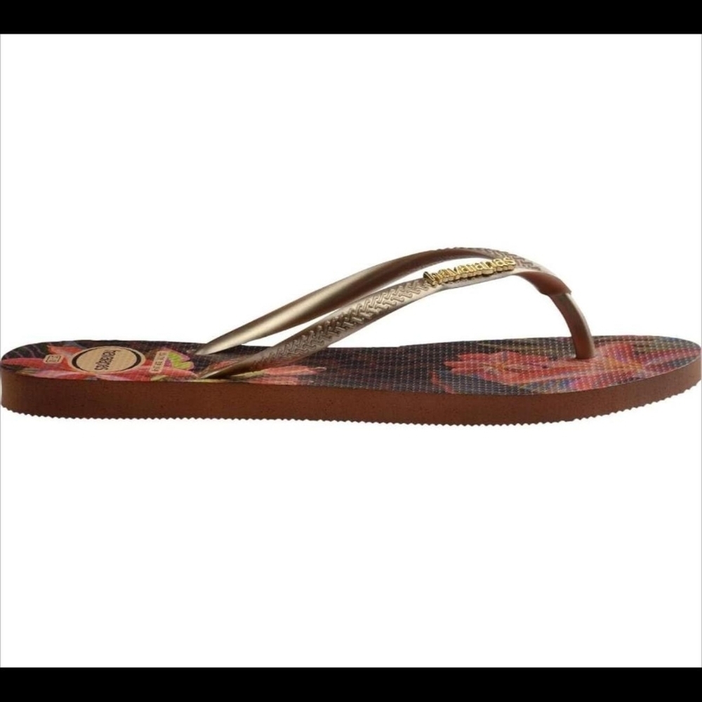 Havaianas Women's Floral Flip Flops - Brown and Gold - Picture 6 of 7